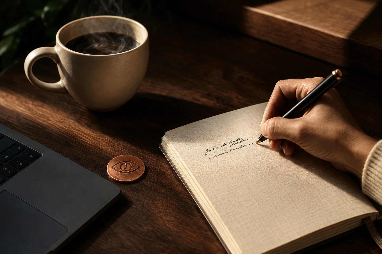 Development placeholder: a hand writing beside coffee and a FOVEAN medallion