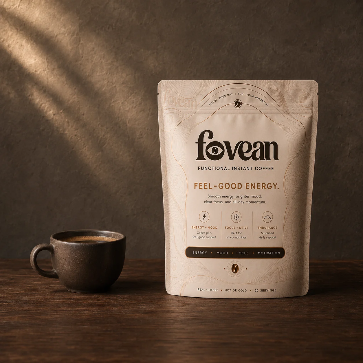 Current FOVEAN functional instant coffee pouch on a deep espresso product stage beside a coffee cup in morning light