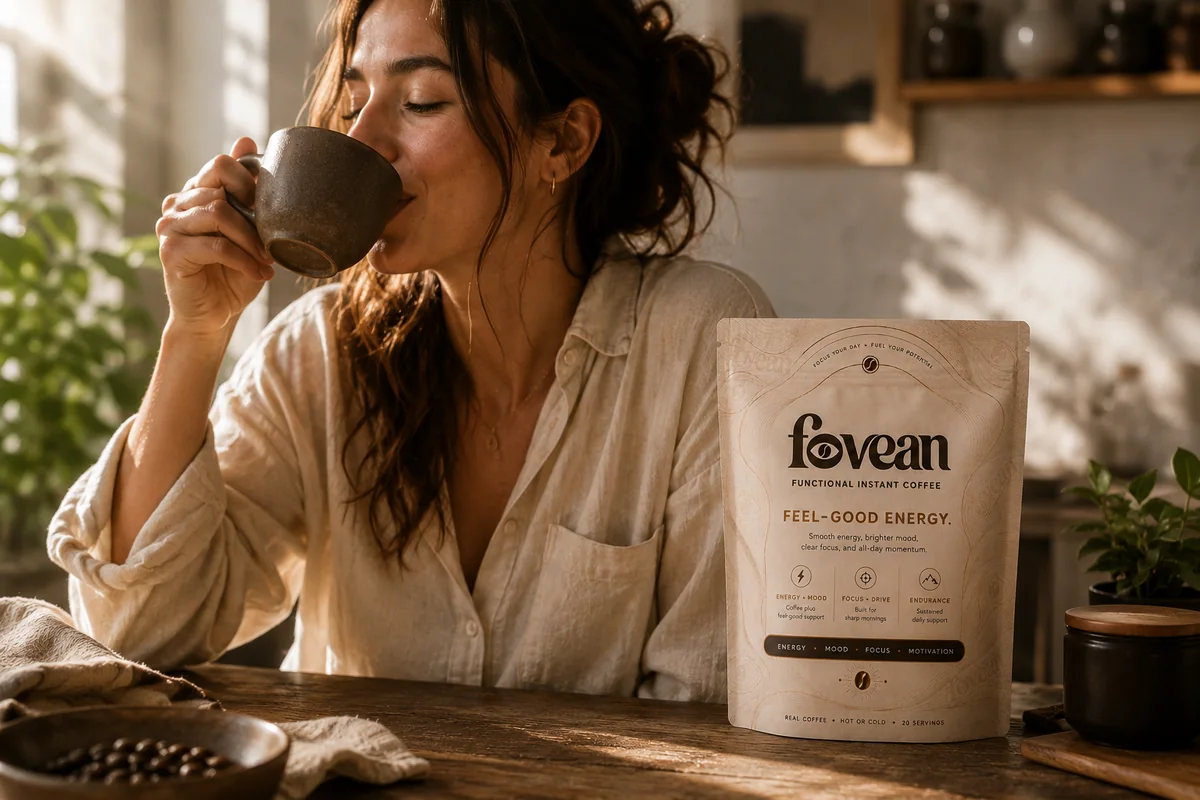 A woman drinking coffee at a sunlit kitchen table, a FOVEAN pouch and a bowl of coffee beans beside her